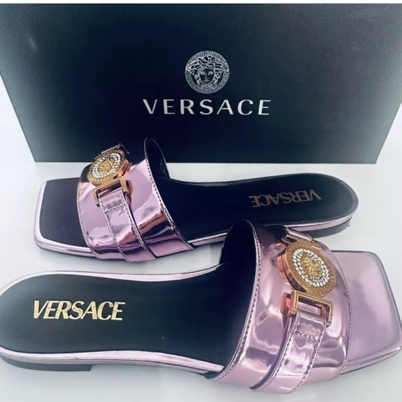 Versace Metallic Pink Slides with Gold Medallion - Picture 1 of 4